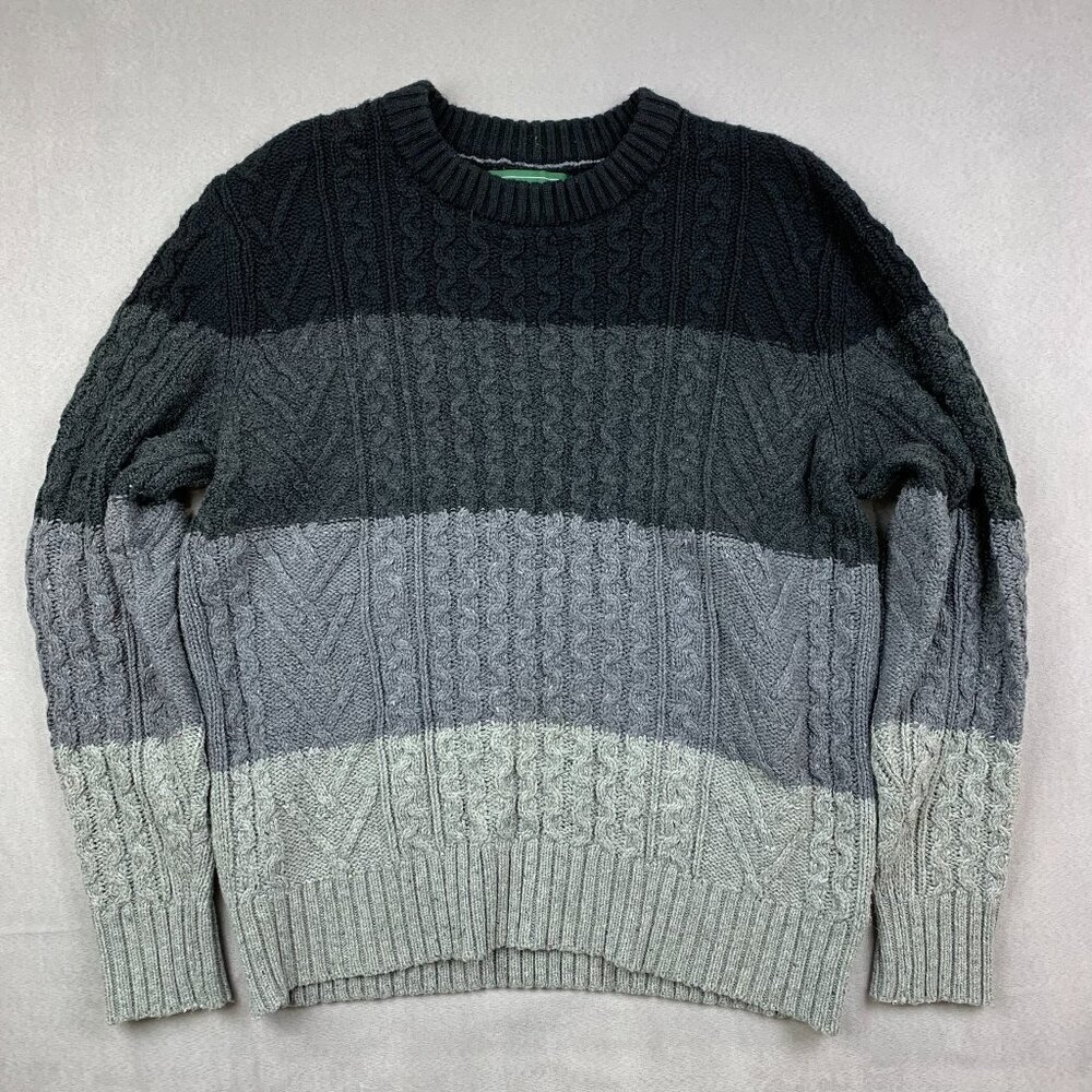 American Eagle Mens Sweater Large Gray Colorblock Crewneck Fisherman Cable Knit